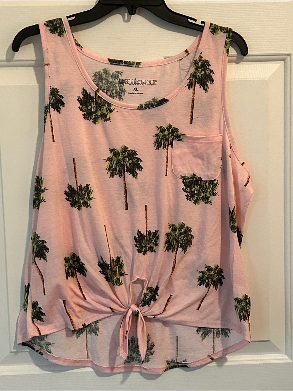 Rebellious One Pink Palm-Print Tie Front Tank